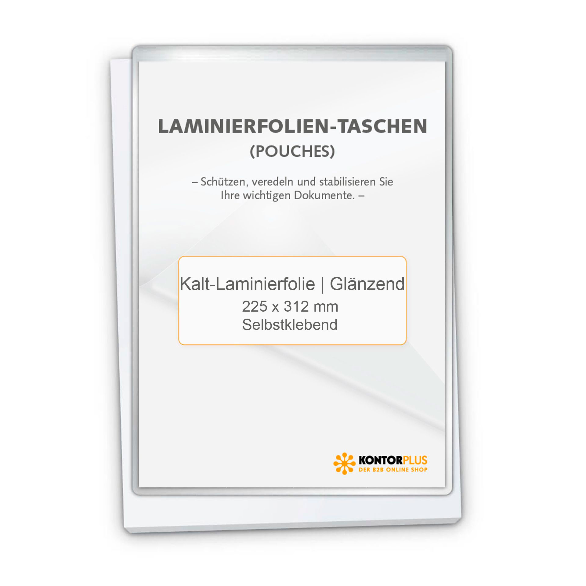 Produktgrafik mit übereinanderliegenden Laminierfolientaschen. Das vordere Einlegeblatt zeigt die Angaben „Kalt-Laminierfolie“, „Glänzend“, „225 x 312 mm“ und „Selbstklebend“.
