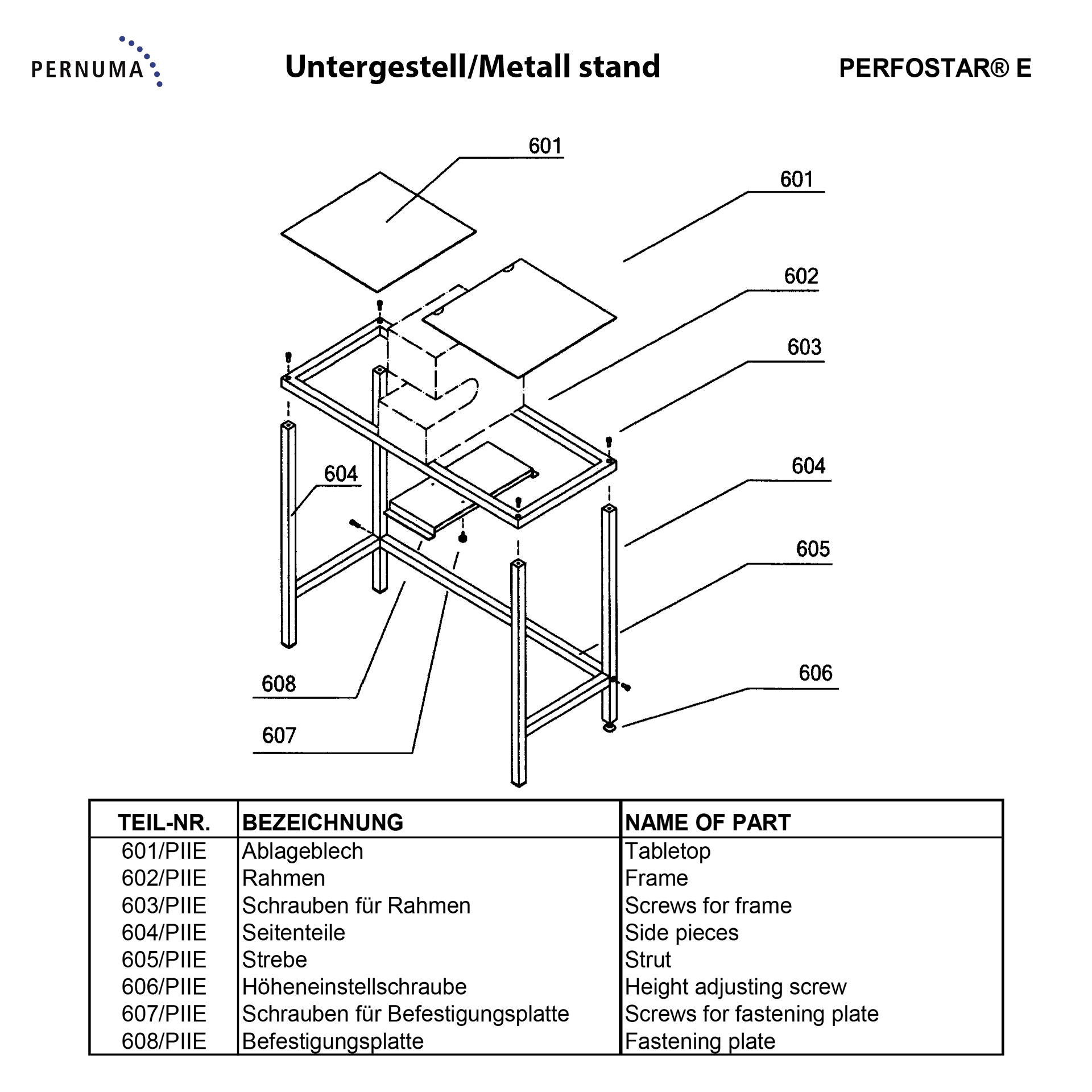 Explosionsdarstellung des Metalluntergestells der PERNUMA PERFOSTAR E mit Rahmen, Seitenteilen, Streben, Ablageblech, Befestigungsplatte, Höheneinstellschrauben und Verbindungselementen.