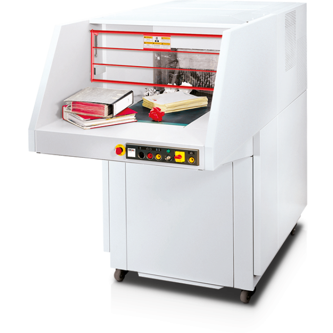 Großmengen Aktenvernichter IDEAL 5009-2 CC / 5009-3 CC Großmengen Aktenvernichter, Frontansicht mit elektrisch gesichertem Schutzgitter im ArbeitsbereichIDEAL 5009-2 CC / 5009-3 CC