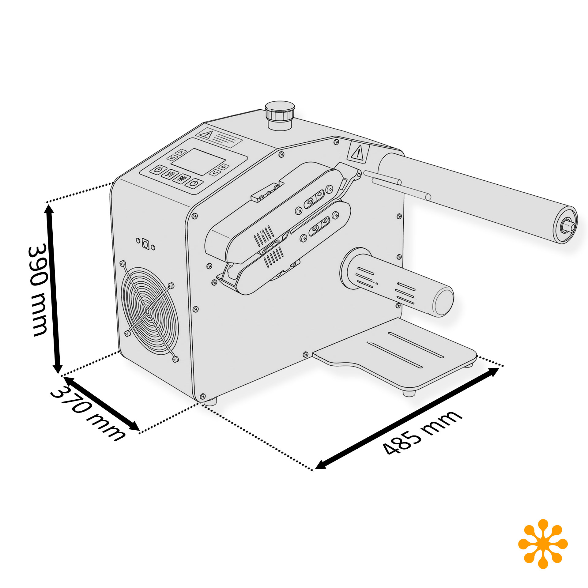 Maße der LMG Hochleistungs-Luftpolstermaschine Technische Strichzeichnung der LMG Hochleistungs-Luftpolstermaschine mit eingezeichneten Abmessungen von 485 mm Länge, 370 mm Breite und 390 mm Höhe.