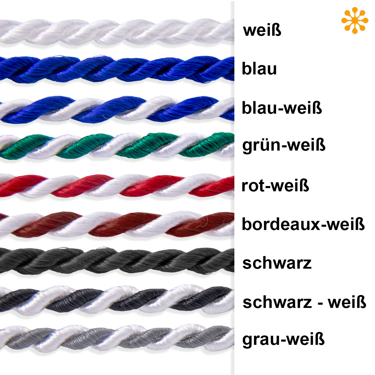 Farbübersicht Kordelschnüre und Notariatsgarn mit Kunststoffenden Übersicht verschiedener Kordelschnüre und Notariatsgarne mit Kunststoffenden in mehreren Farbvarianten wie Weiß, Blau, Blau-Weiß, Grün-Weiß, Rot-Weiß, Bordeaux-Weiß, Schwarz, Schwarz-Weiß und Grau-Weiß.