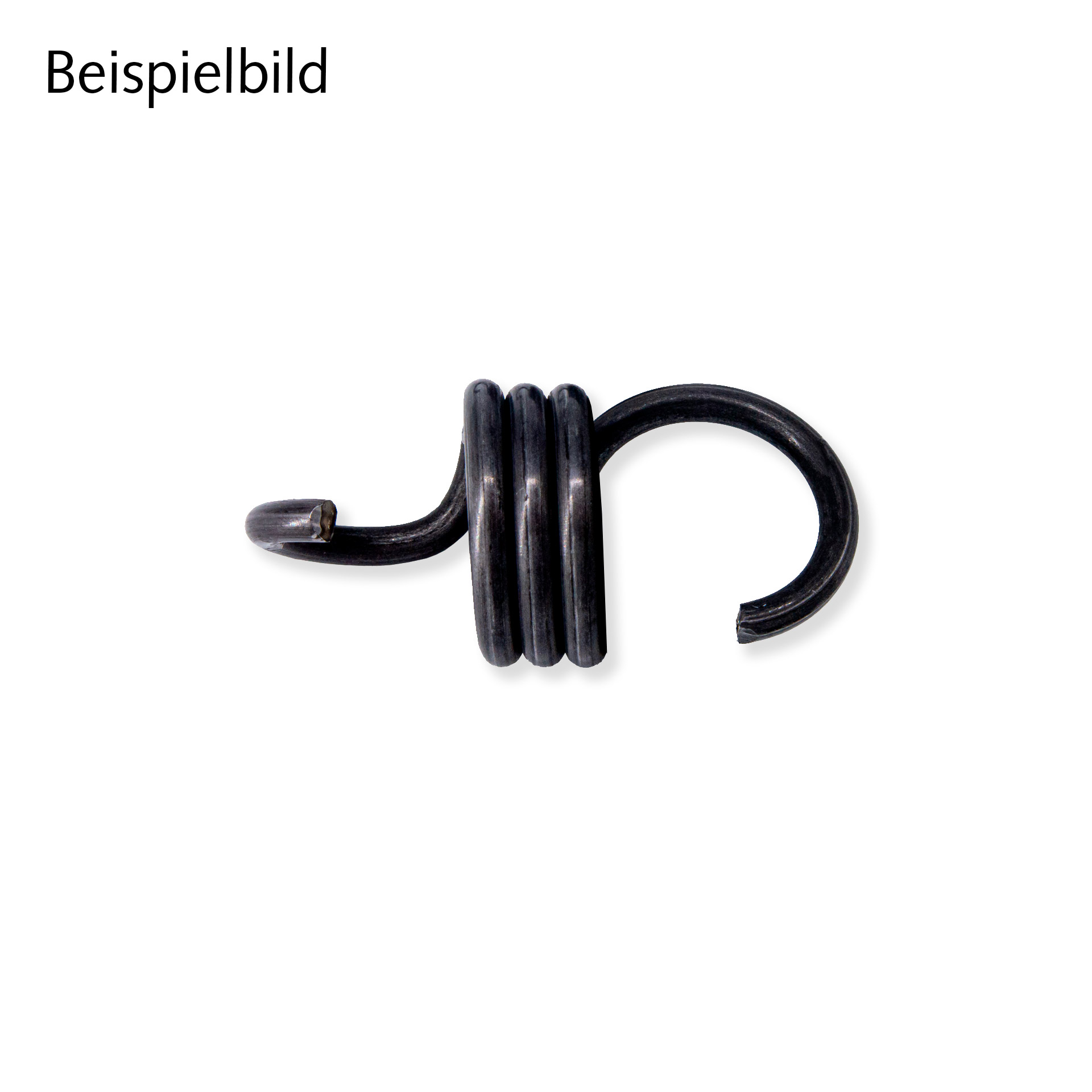 Beispielbild einer dunklen Rückholfeder mit drei Windungen, einem kurzen gebogenen Ende links und einem großen offenen Bogen rechts.