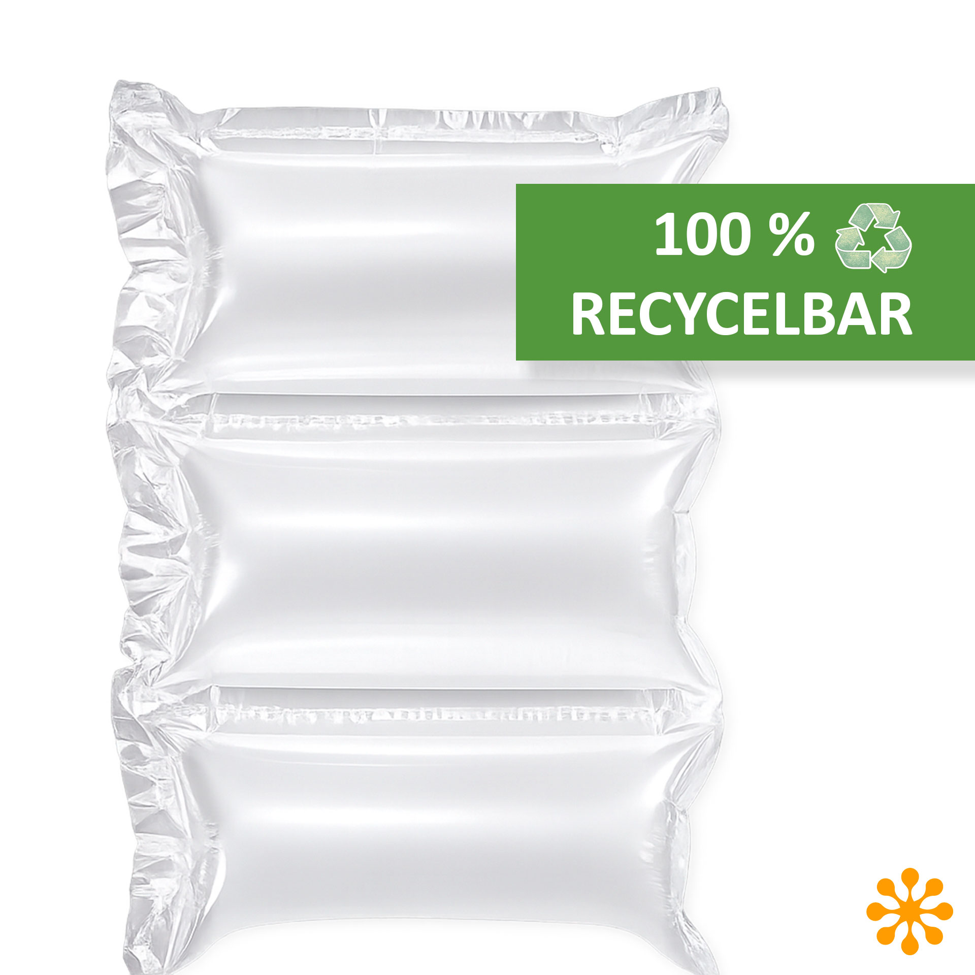 Luftkissenfolie mit Hinweis auf 100 % Recycelbarkeit Frontansicht eines Streifens transparenter, aufgeblasener Luftkissen mit drei rechteckigen Luftkammern. Darüber befindet sich ein grünes Symbol mit der Aufschrift „100 % recycelbar“.