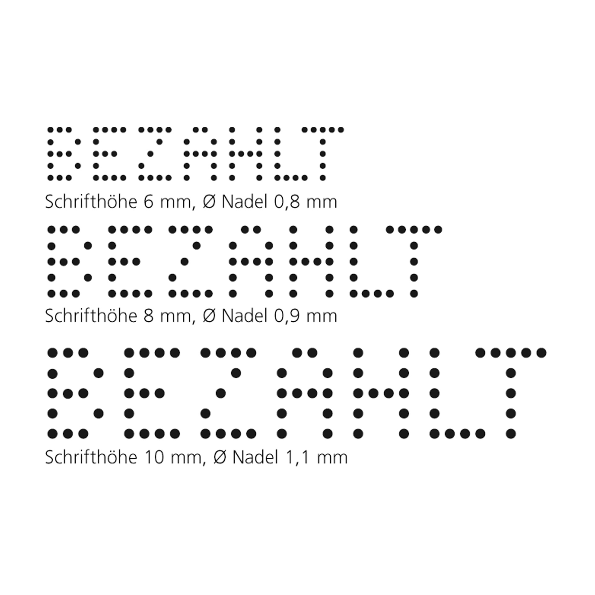 Perforierte Schriftgrößen Übersicht "BEZAHLT" Übersicht mit perforierten Schriftbeispielen „BEZAHLT“ in drei Größen mit Angaben zu Schrifthöhe 6 mm, 8 mm und 10 mm sowie Nadeldurchmesser.