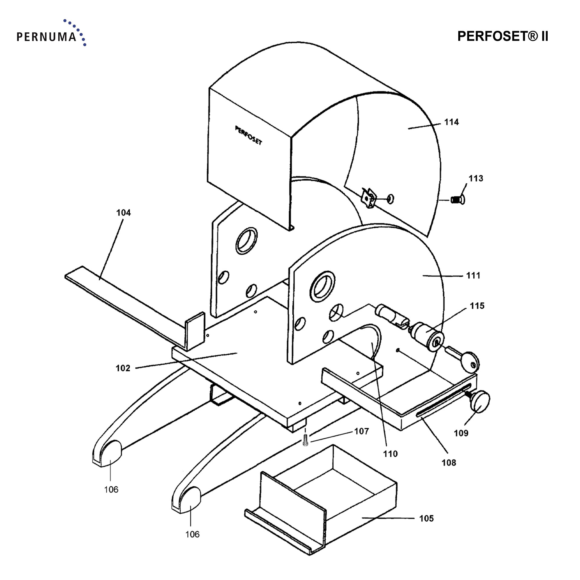Explosionszeichnung der Abdeckhaube der PERNUMA PERFOSET II mit gebogener Schutzhaube, Befestigungsschraube und Sicherheitsverriegelung zur Abdeckung des Arbeitsbereichs.