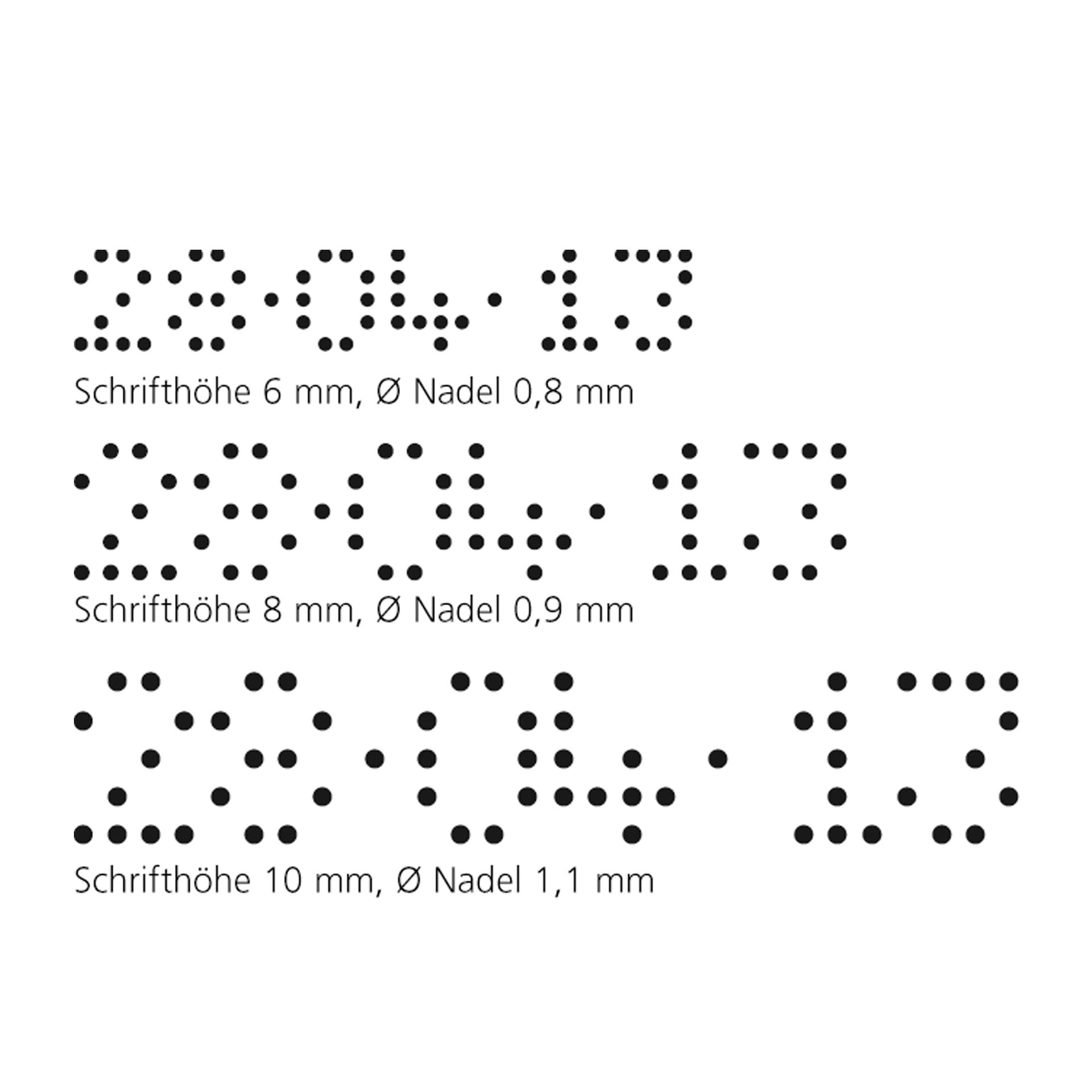 Perforierung Beispiel Übersicht von perforierten Datumsdarstellungen in Punktform für Schrifthöhen 6 mm, 8 mm und 10 mm mit Angaben zum Nadeldurchmesser.
