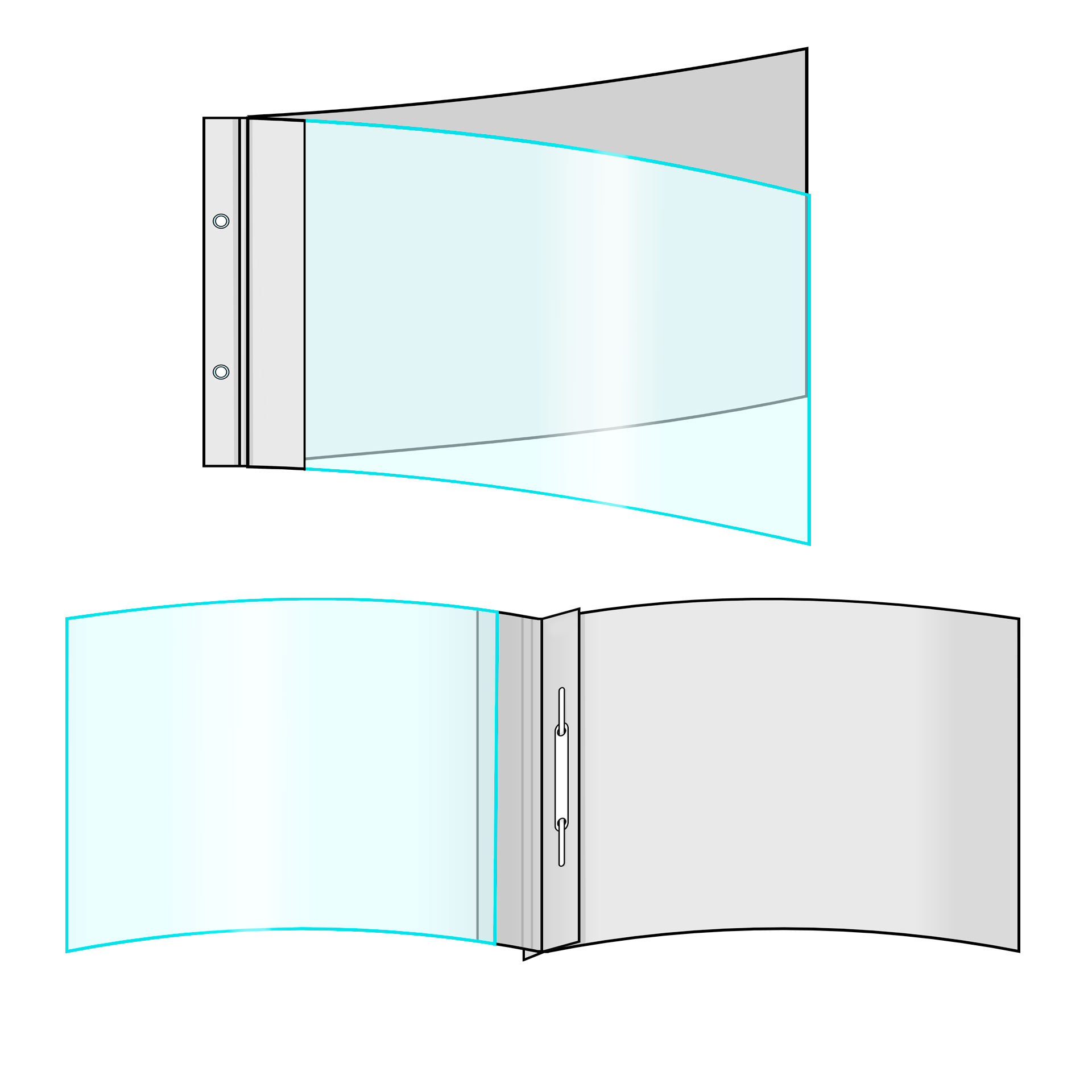 Grafik: Bindemappen & Vertragsmappen A4 quer - Beispiel Präsentationsmappen mit Abheftvorrichtung/Abheftmechanik/Abheftmechanik und mit Folien-Cover (matt) im Querformat (Ansicht außen/innen).