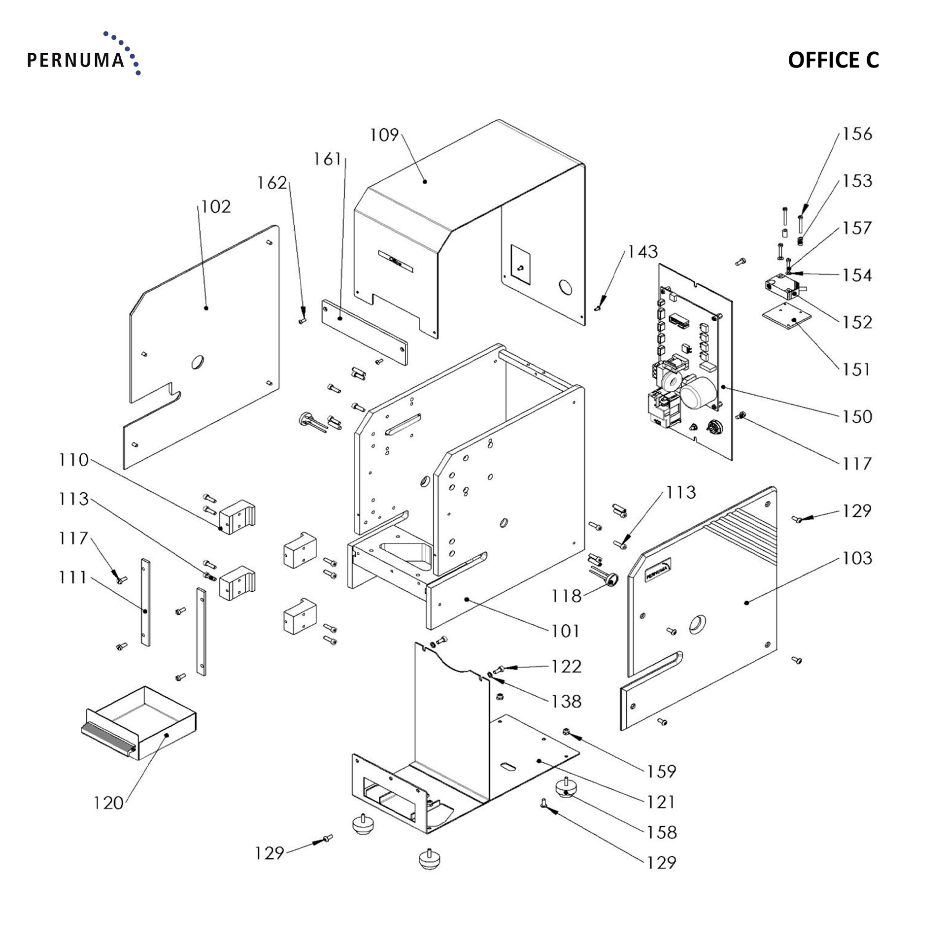 PERNUMA OFFICE C – Geräteansicht Technische Strichzeichnung der PERNUMA OFFICE C mit geschlossener Gehäuseeinheit, Frontöffnung, Arbeitsfläche und Standfüßen in isometrischer Ansicht.