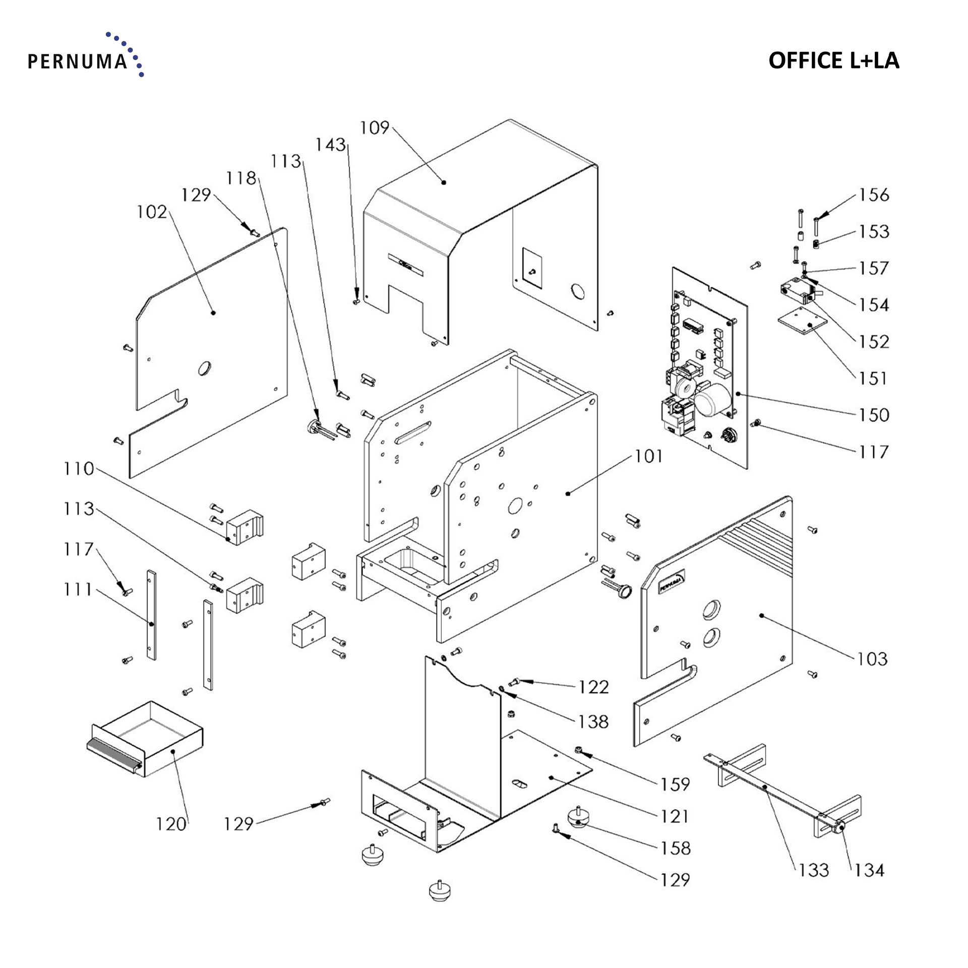 PERNUMA OFFICE L+LA Gesamtansicht Technische Gesamtansicht der PERNUMA OFFICE L+LA in Linienzeichnung mit geschlossener Abdeckhaube, Frontöffnung und seitlichen Bedienelementen.