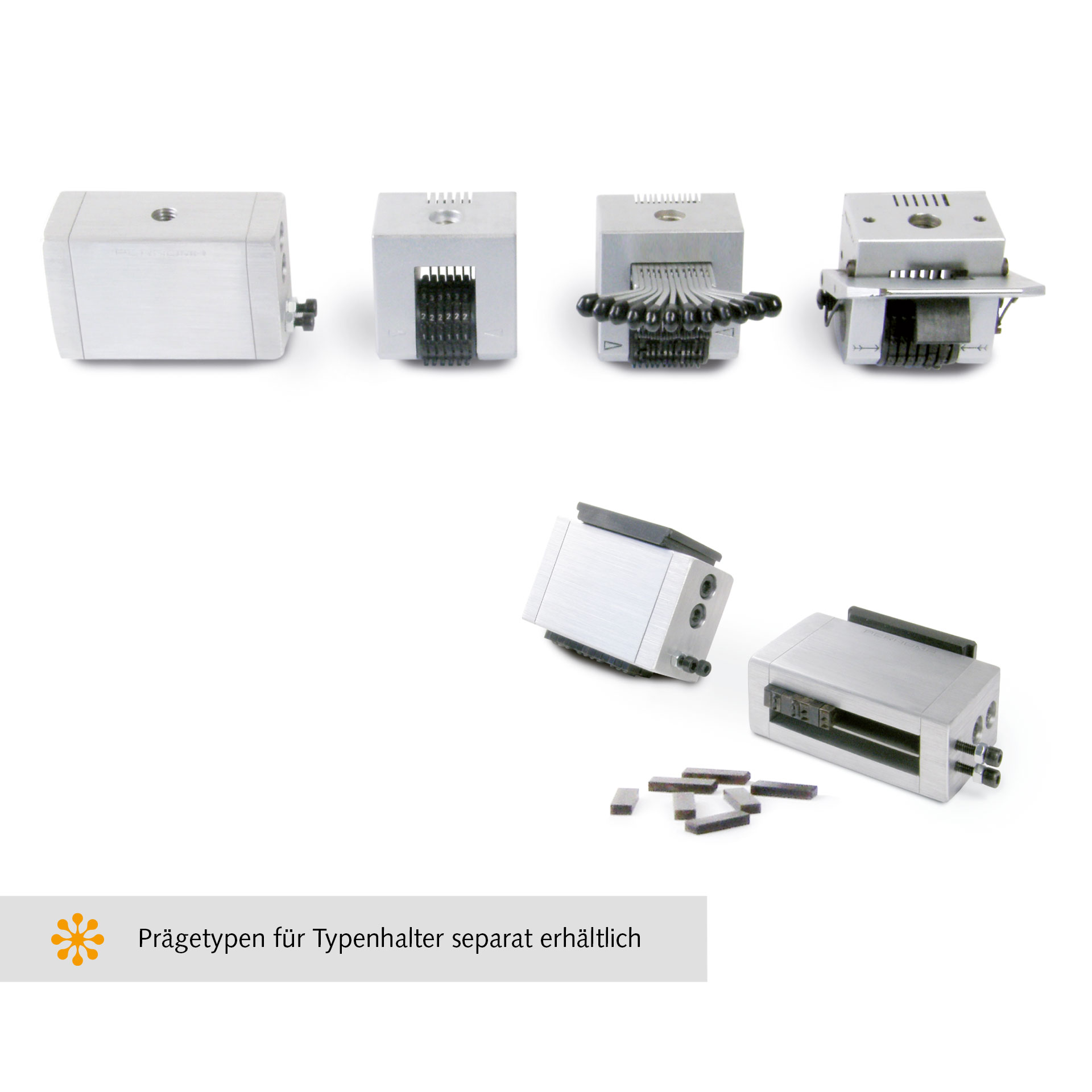 PERNUMA METALLPRINT E Typenhalter und Prägetypen Übersicht - Beispielzubehör Übersicht verschiedener Typenhalter und Prägetypen für die PERNUMA METALLPRINT E, Beispielzubehör