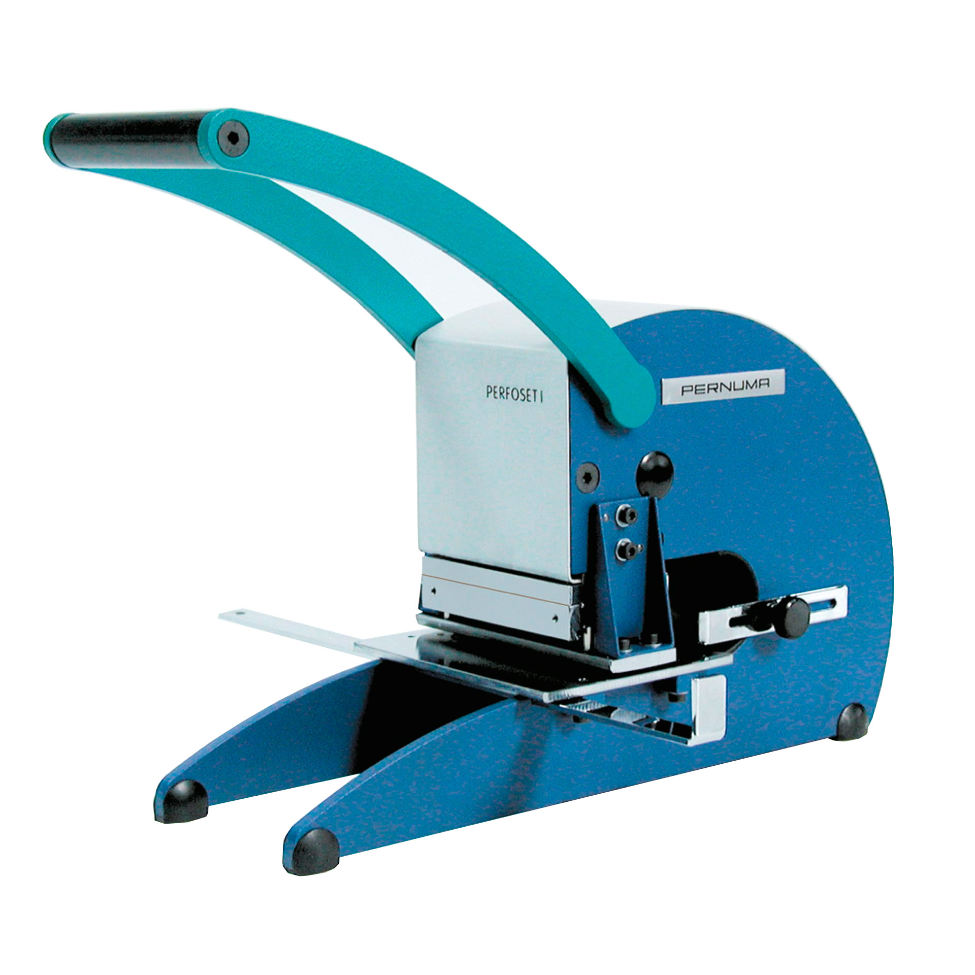 PERNUMA PERFOSET Perforiermaschine Schräg seitliche Ansicht eines PERNUMA PERFOSET Perforiergeräts mit langem Hebelgriff, Metallgehäuse und Auflagetisch.