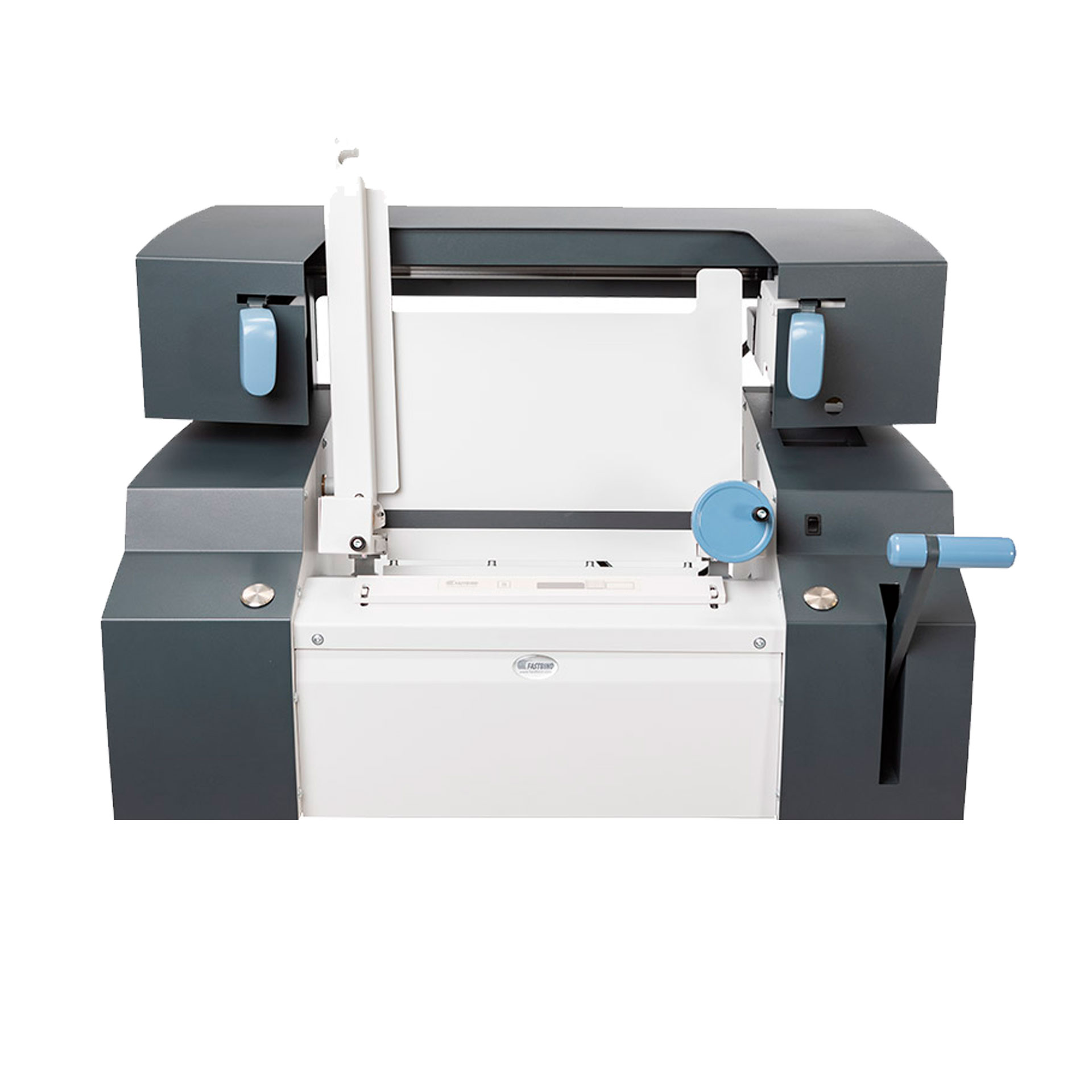 Fastbind ONE Handy XXL ohne Untergestell in Frontalansicht mit geöffneter Buchauflage, Handrad und seitlichem Hebel