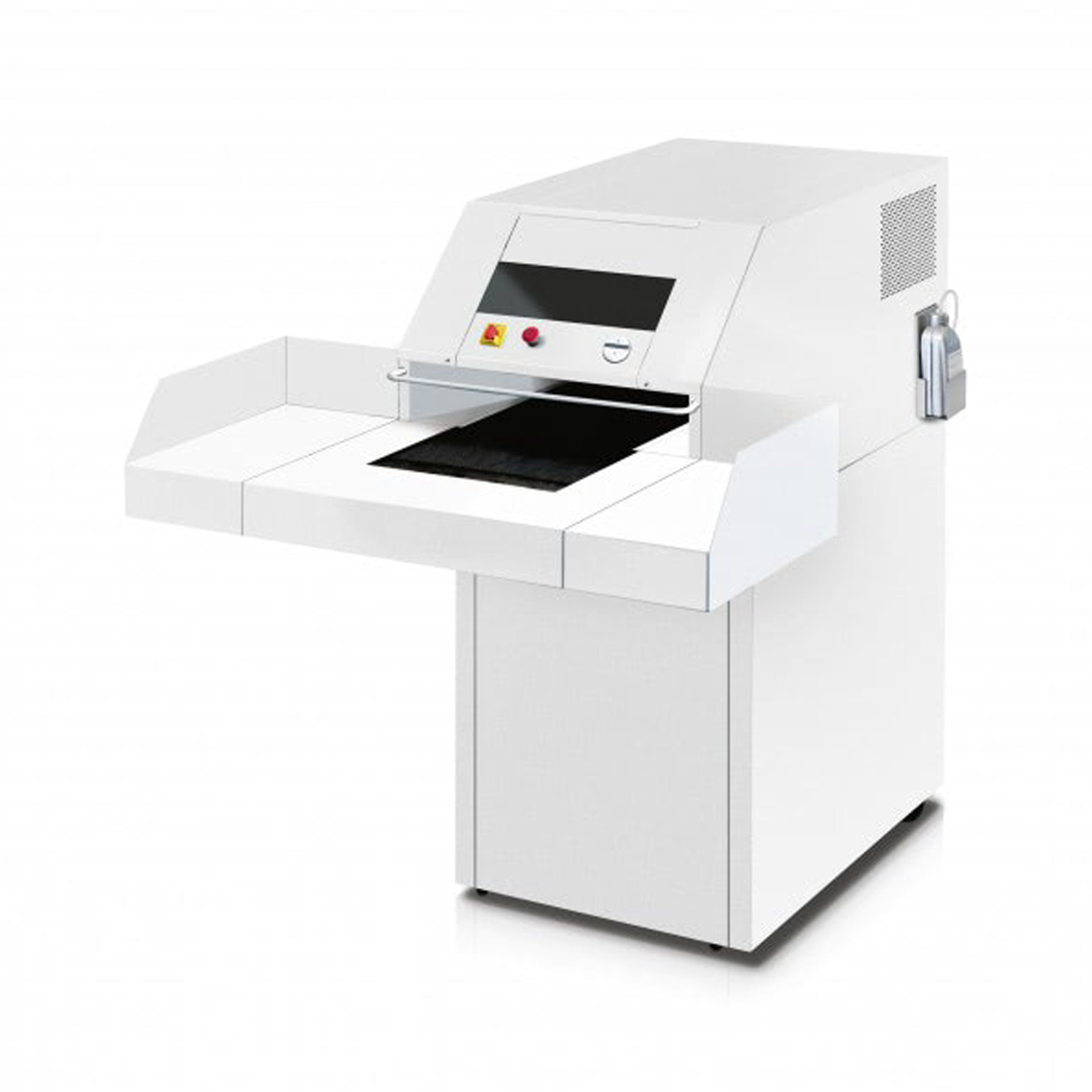 ideal-4108_aktenvernichter-ansicht vorne-rechts, mit sicht auf die automatische oeleinspritzung