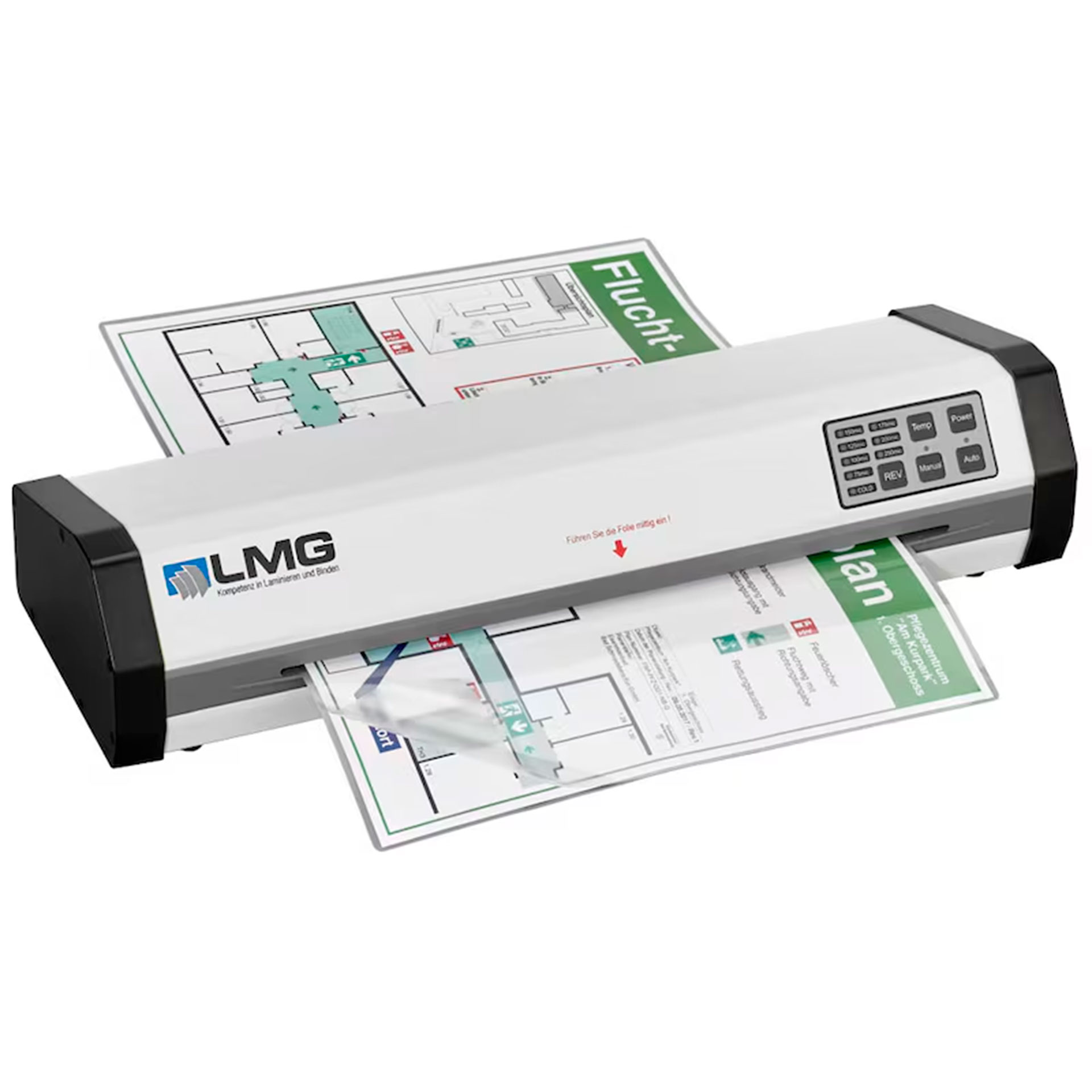 Silber-schwarze LMG AUTOLAM Laminiermaschine in schräger Vorderansicht mit Bedienfeld und einem automatisch eingezogenen, laminierten Fluchtplan.