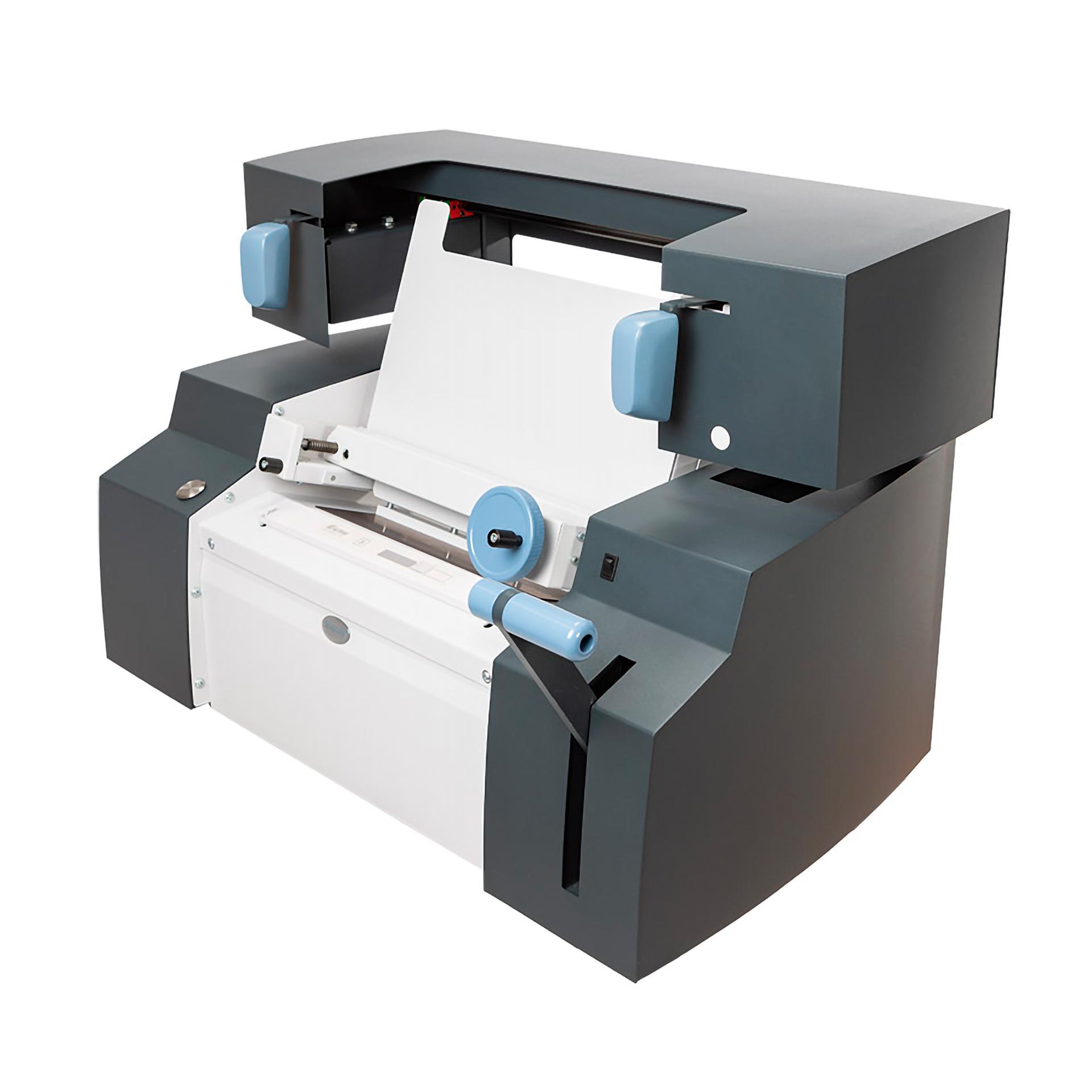 Fastbind ONE Handy Manueller Hotmelt-Heißklebebinder Fastbind ONE Handy für DIN A4, schräg von vorn mit geöffneter Buchauflage und seitlichem Hebel