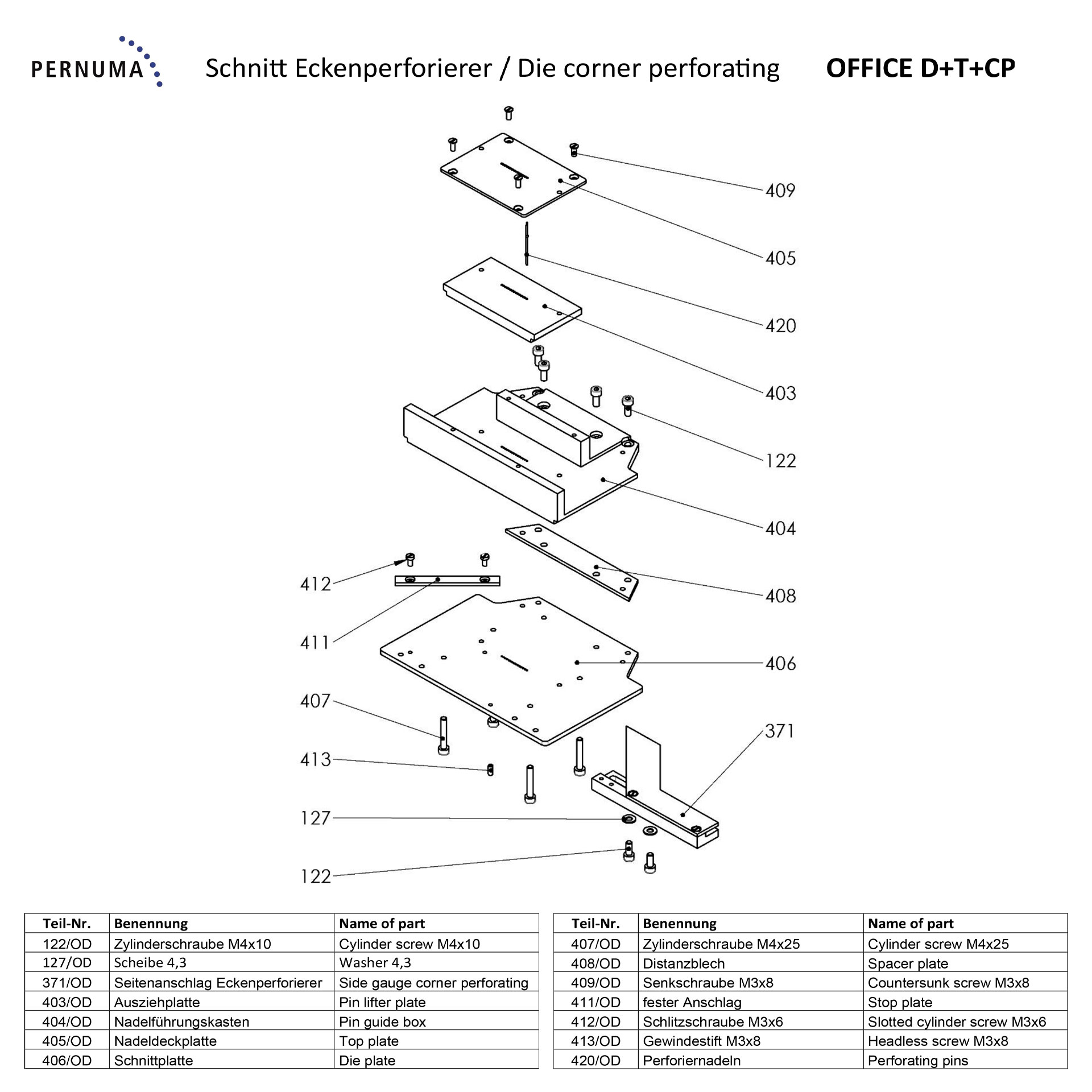 Explosionszeichnung der Eckenperforier-Einheit der PERNUMA OFFICE D+T+CP mit Schnittplatte, Nadelführungskasten, Anschlägen, Perforiernadeln und Montagekomponenten.