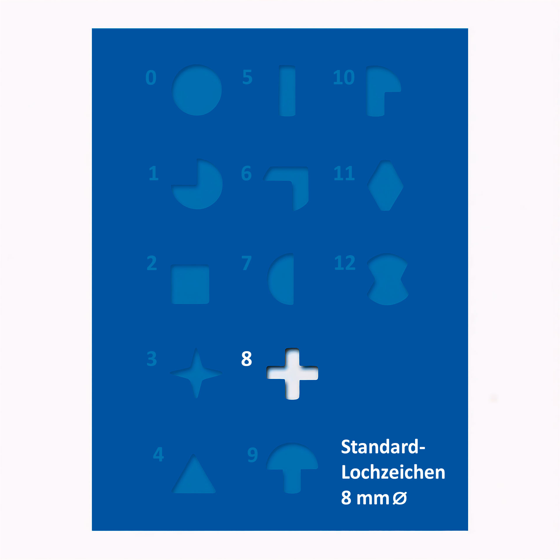 Lochzeichen Nr. 8 Kreuz Übersichtstafel mit verschiedenen 8-mm-Lochzeichen; hervorgehoben ist das Symbol Nr. 8 als Kreuzform.