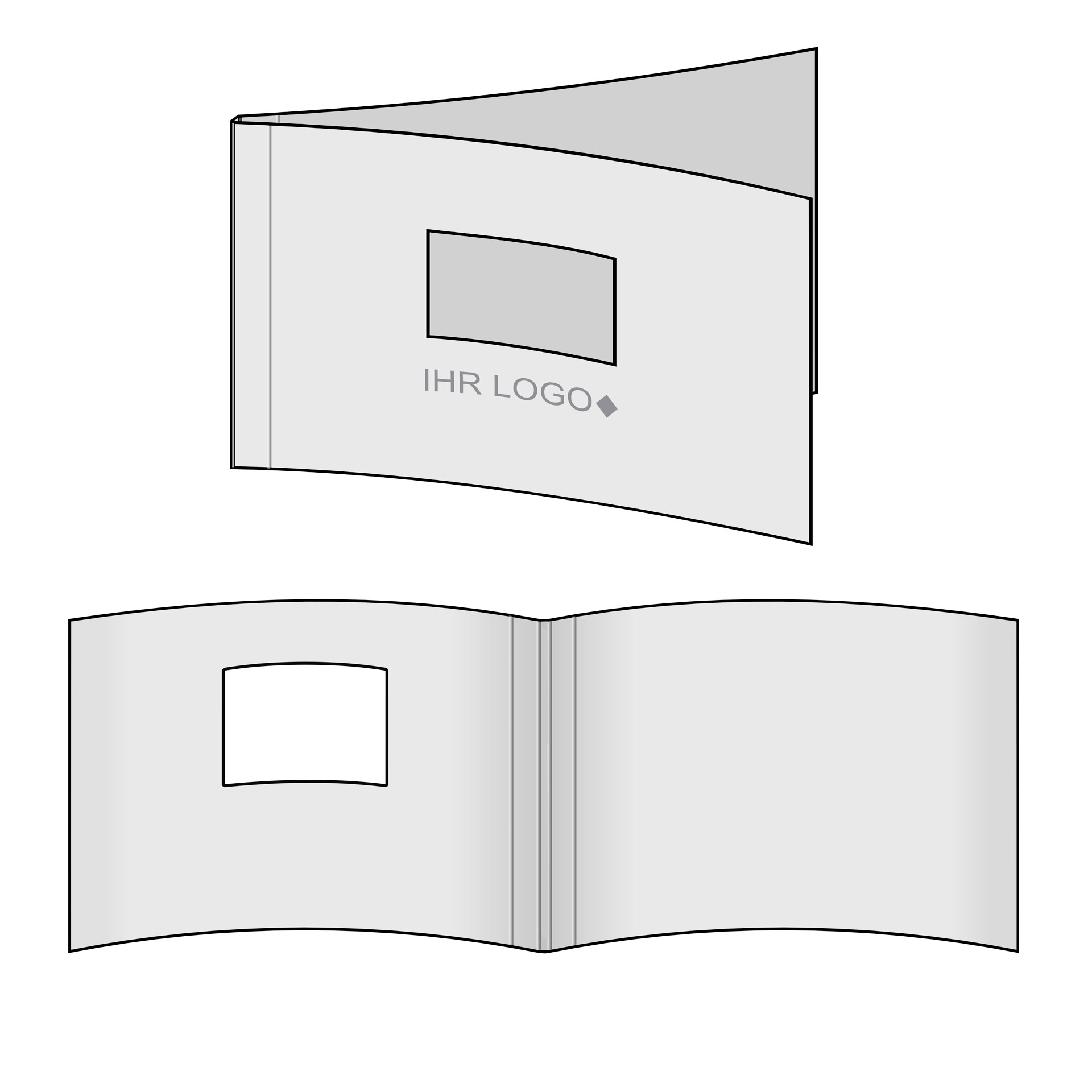 Grafik: Ösenmappen A4 quer - Beispiel Ösmappe DUO Cover (ungeöst) aus Karton, mit Logo-Druck, mit Fenster im A4 Querformat.