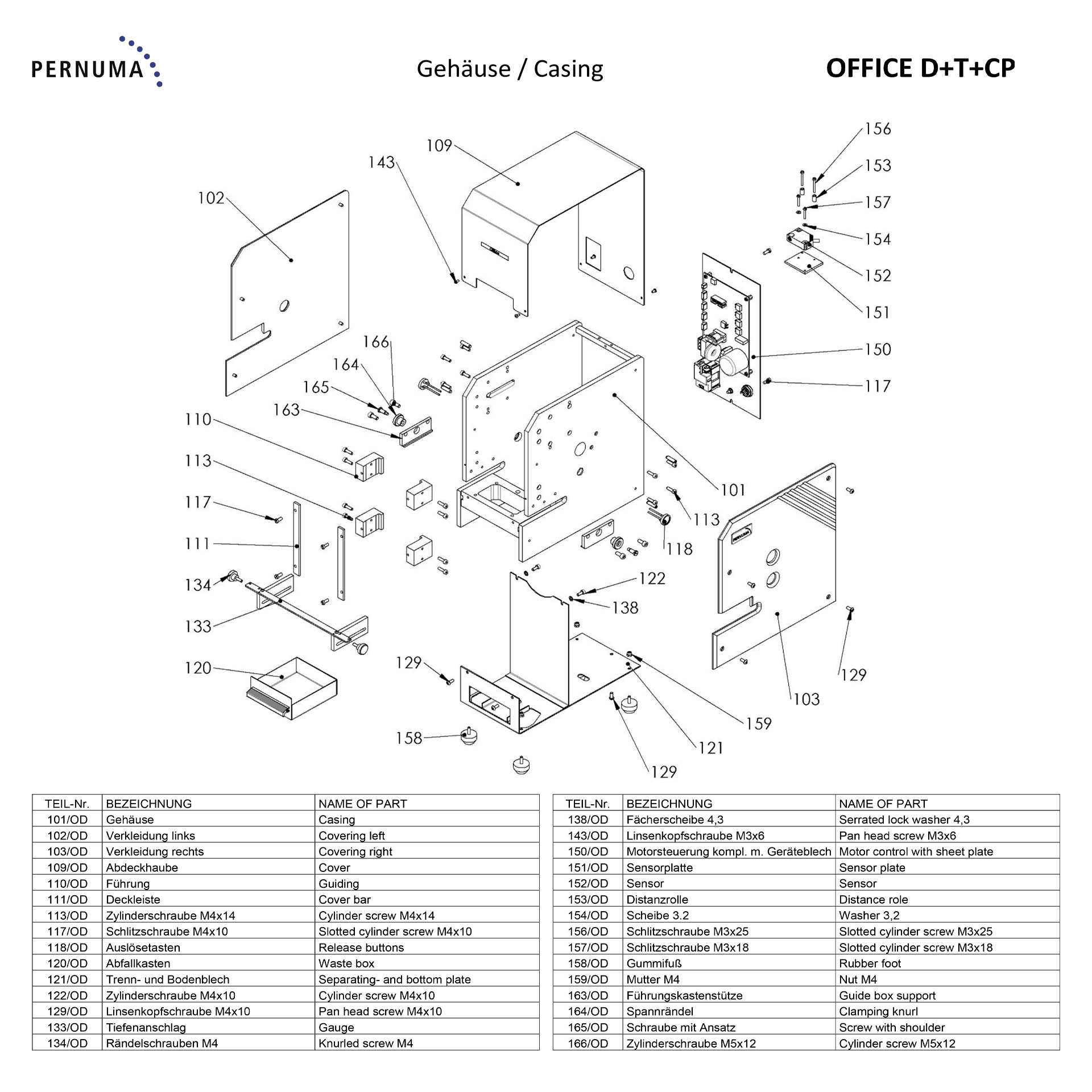Explosionsansicht der Gehäusebaugruppe der PERNUMA OFFICE D+T+CP mit Seitenverkleidungen, Abdeckhaube, Motorsteuerung, Sensorik, Bedienelementen und Standfüßen.