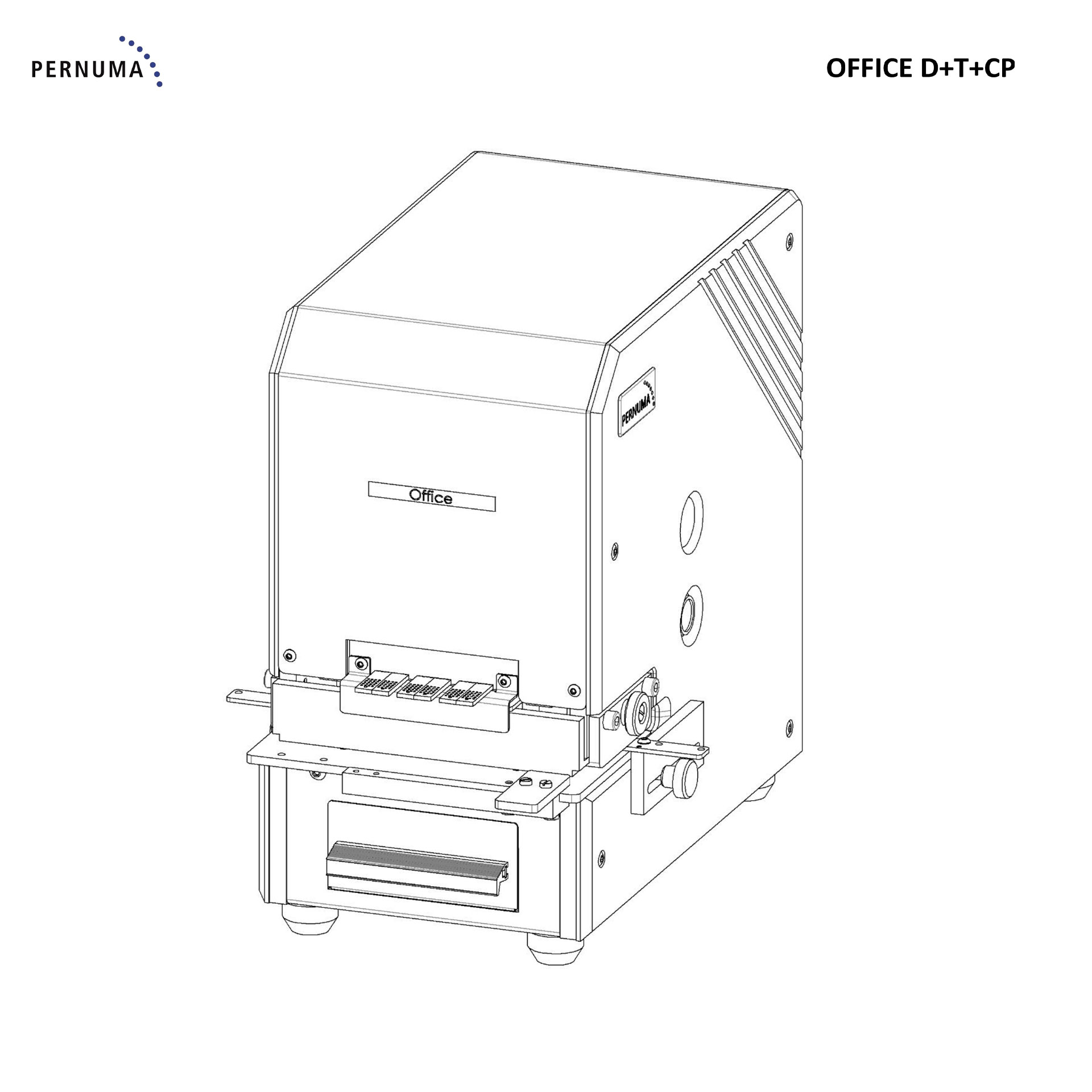 Explosionsdarstellung der PERNUMA OFFICE D+T+CP mit vollständiger Aufschlüsselung aller Baugruppen inklusive Gehäuse, Elektronik, Antrieb, Führungswagen sowie Schneid- und Perforiereinheiten.