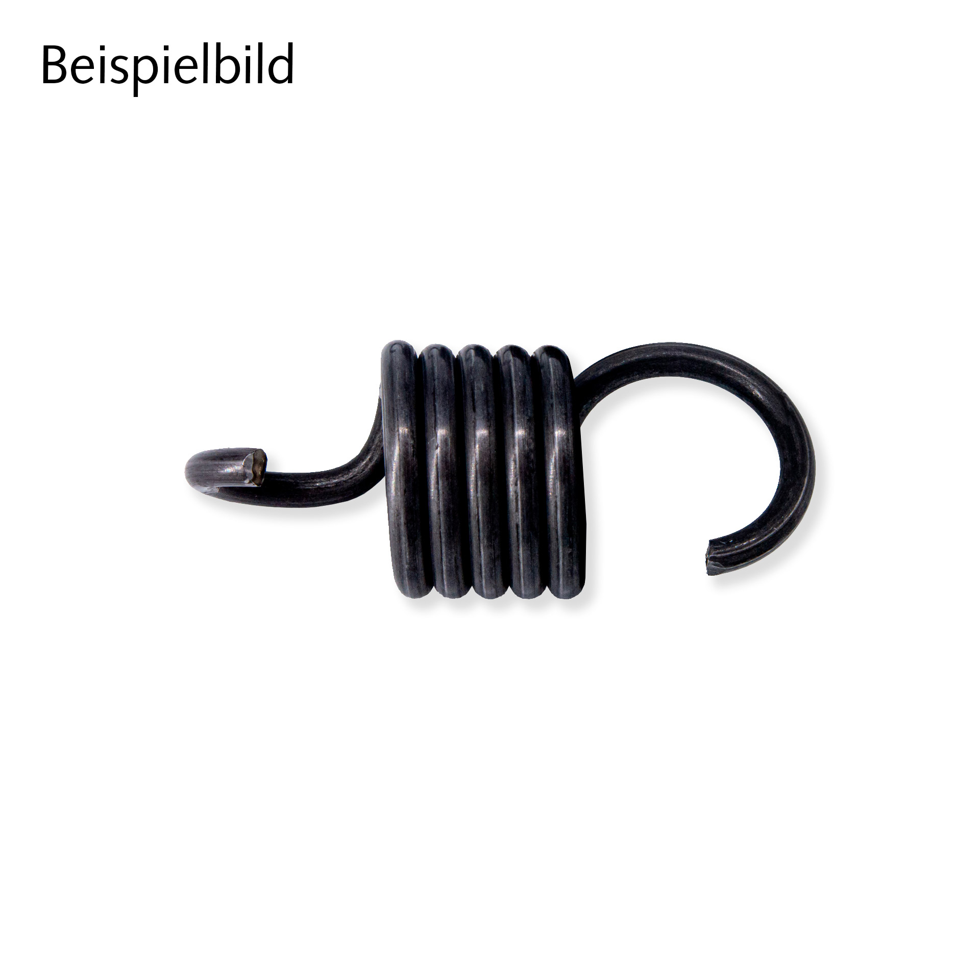 PERNUMA Rückholfeder mit 5 Windungen Beispielbild einer dunklen Rückholfeder mit fünf Windungen, einem kurzen gebogenen Ende links und einem großen offenen Bogen rechts.