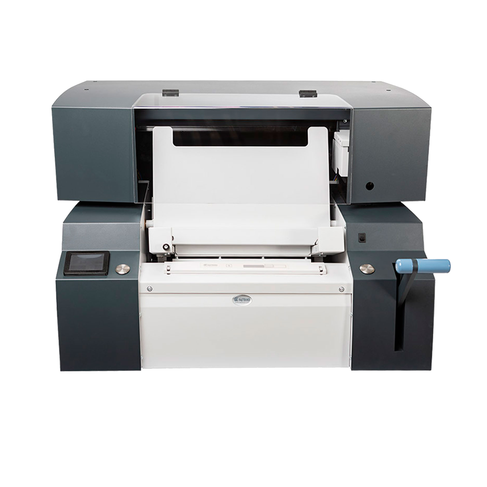 Fastbind ONE Sense Ultra in Frontalansicht mit geöffneter Buchauflage, Touchscreen links und Bedienhebel rechts
