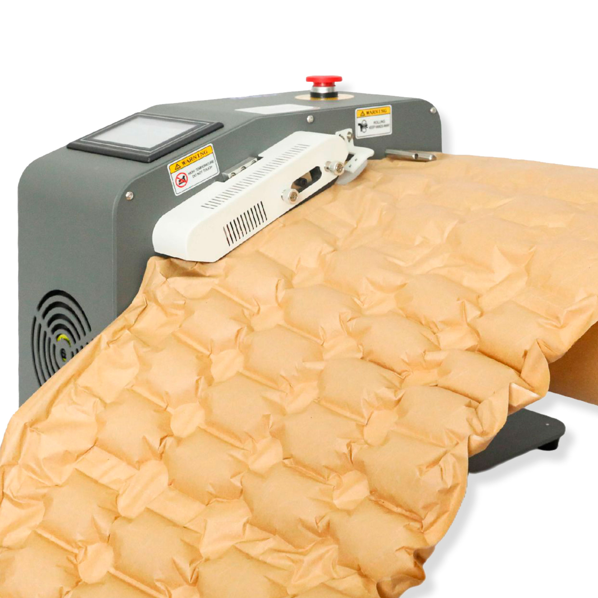 Schrägansicht der LMG Luftpolstermaschine während der Herstellung einer Papier-Luftpolsterfolie mit aufgeblasenen Luftkammern.