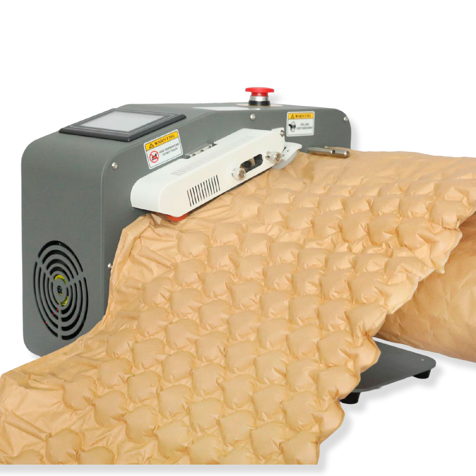 LMG Luftpolstermaschine mit Papier-Luftpolsterfolie LMG Luftpolstermaschine mit integrierter Papier-Luftpolsterfolie im Betrieb. Schrägansicht der Maschine mit Touchscreen und ausgegebener Luftpolsterfolie.