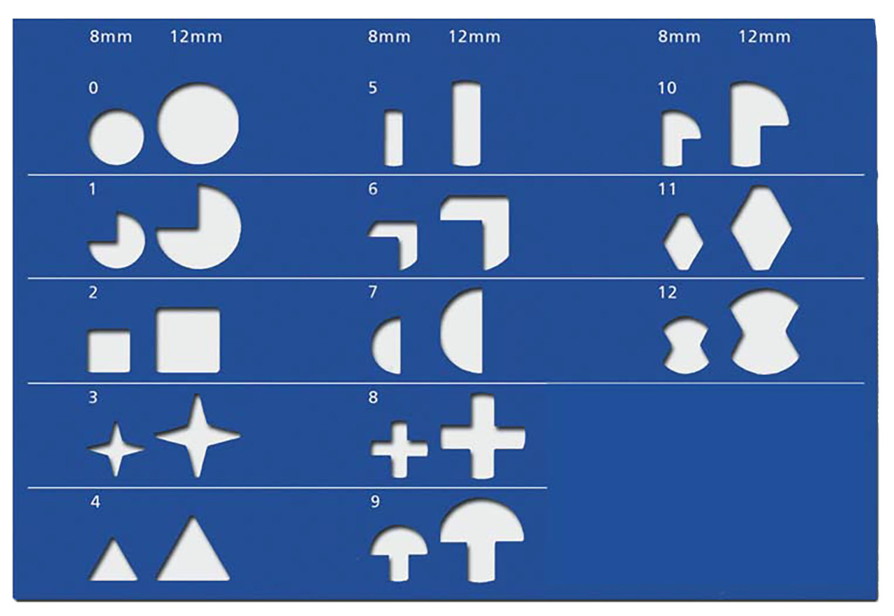 Pernuma Perfoset Lochzeichen Übersichtstafel mit verschiedenen Lochsymbolen für Entwertungsstanzen, dargestellt in den Größen 8 mm und 12 mm, nummeriert von 0 bis 12.